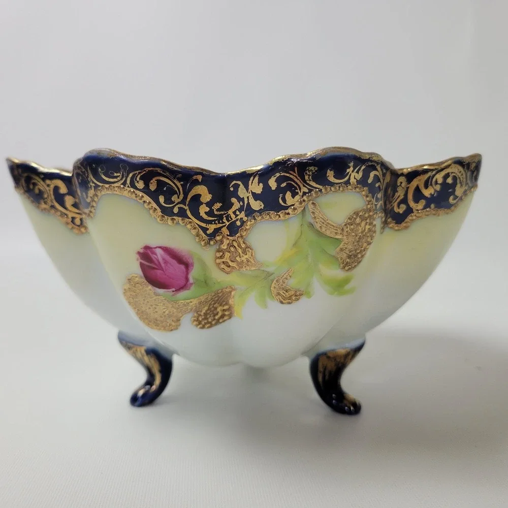 Antique Nippon Berry Strainer Bowl Cobalt Gold Moriage Hand Painted Poppies